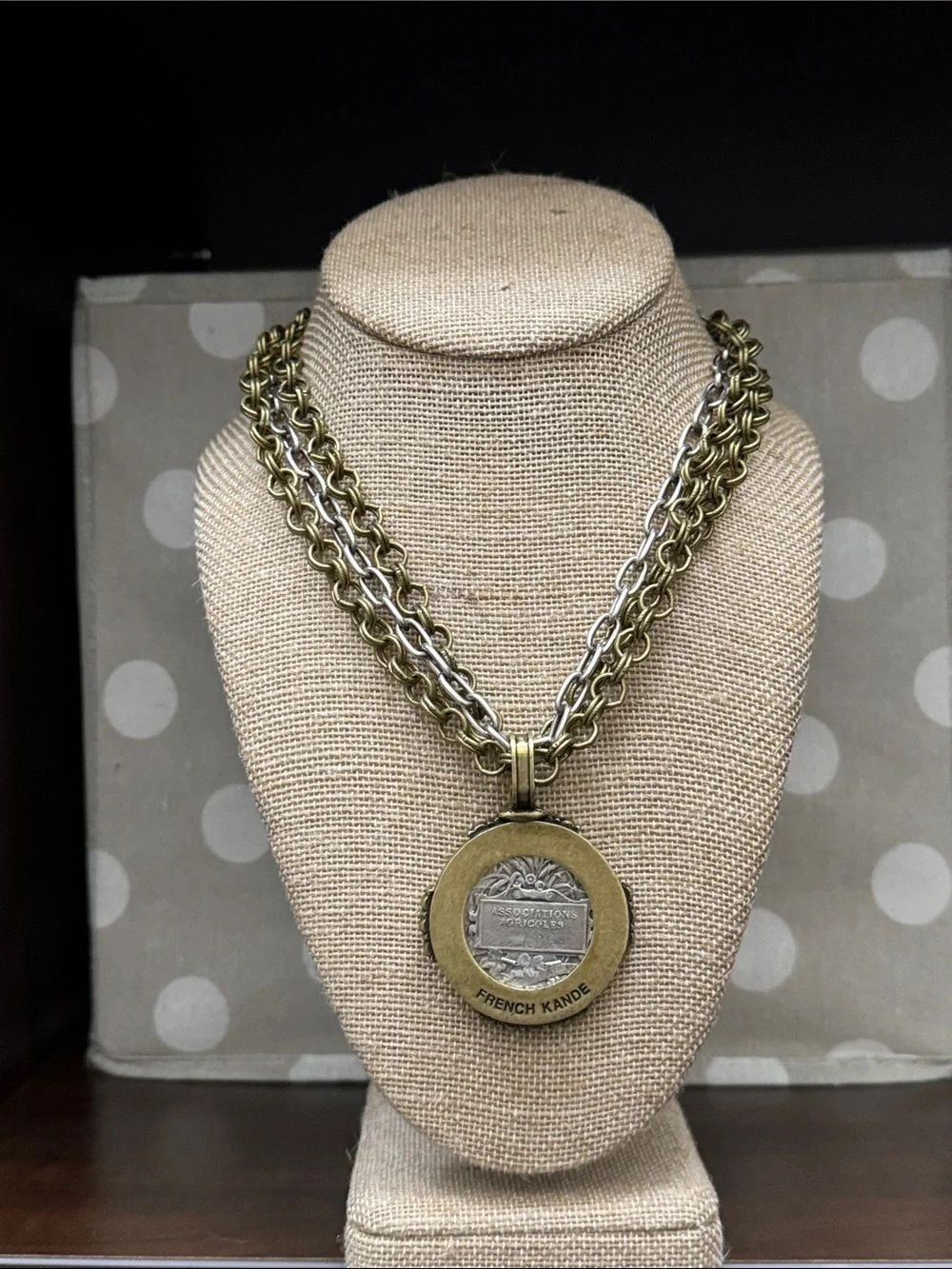 Antique-Style Brass Tone Medallion Necklace with Crystal Accents